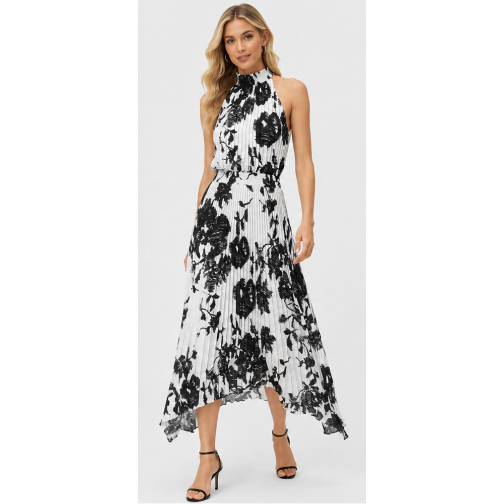 WHITE HOUSE BLACK MARKET WHBM STRIPED FLORAL PLEATED HALTER MIDI HALTER DRESS 2